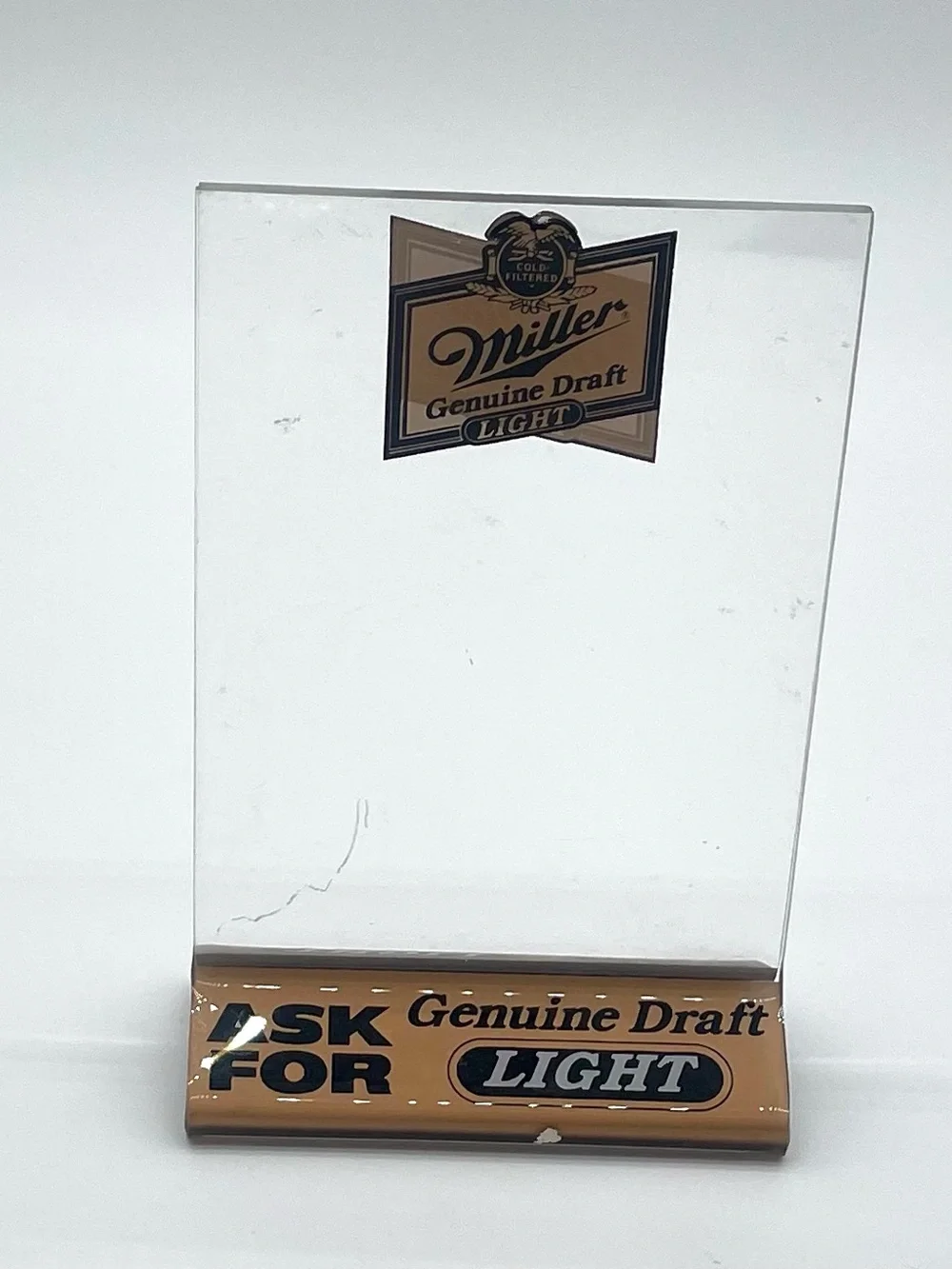 Miller Genuine Draft Light Beer Table Tent Menu Bar Display Acrylic Holder Sign